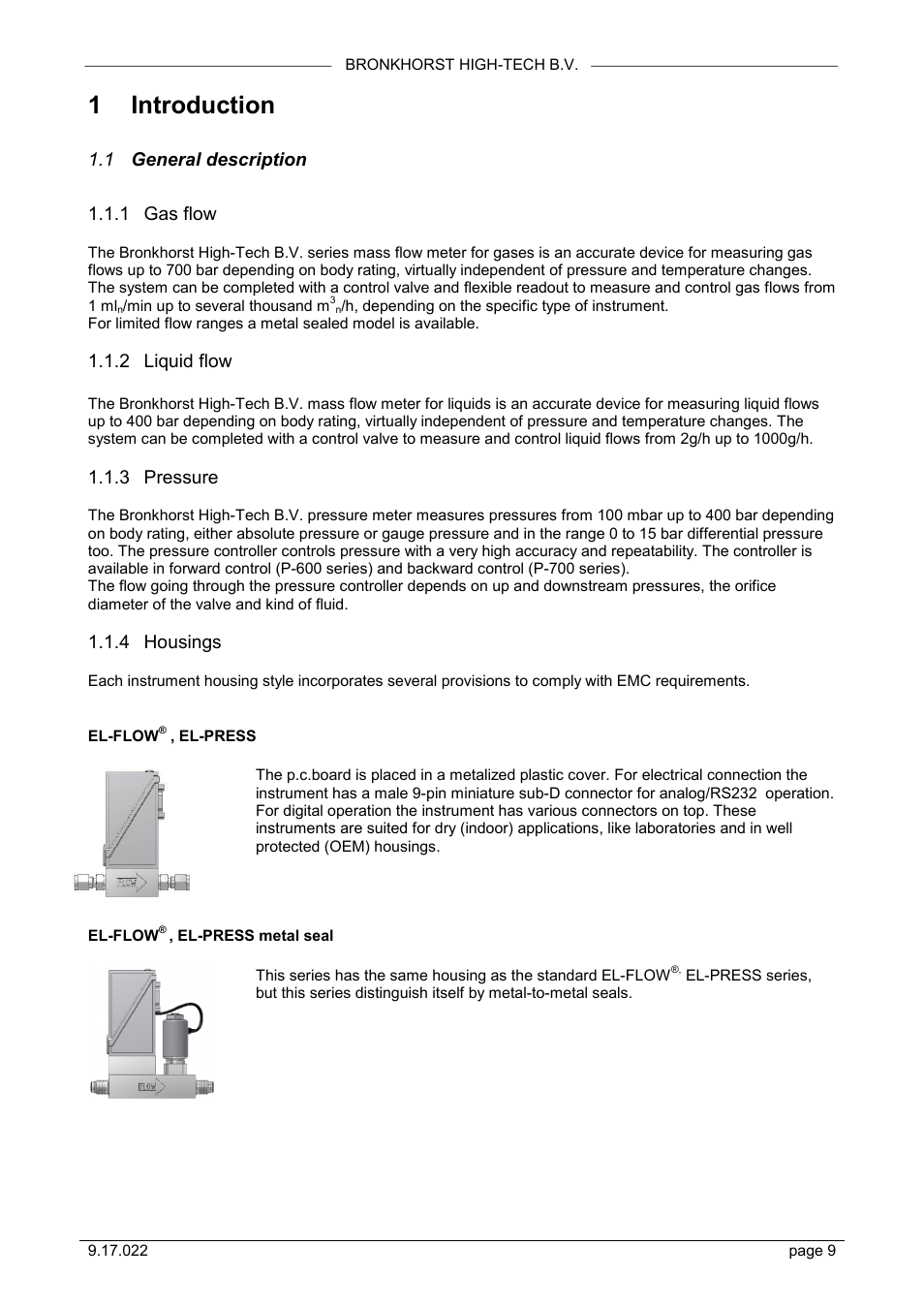 1 introduction, 1 general description, 1 gas flow | 2 liquid flow, 3 pressure, 4 housings | Bronkhorst IN-FLOW User Manual | Page 9 / 38