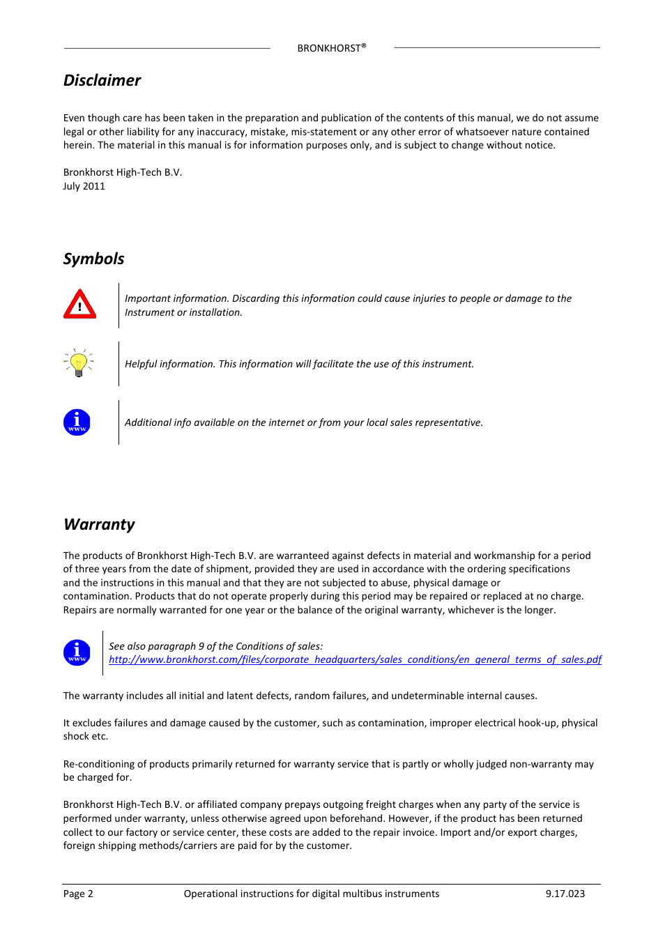 Disclaimer, Symbols, Warranty | Bronkhorst Multibus User Manual | Page 2 / 50