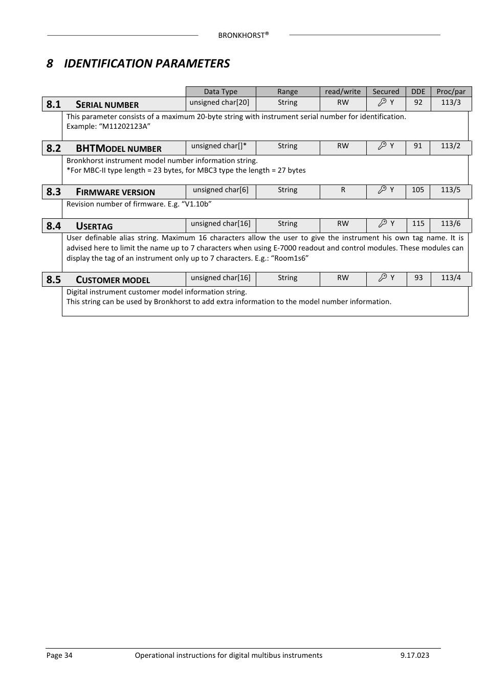 8 identification parameters, 2 bhtm | Bronkhorst Multibus User Manual | Page 34 / 50