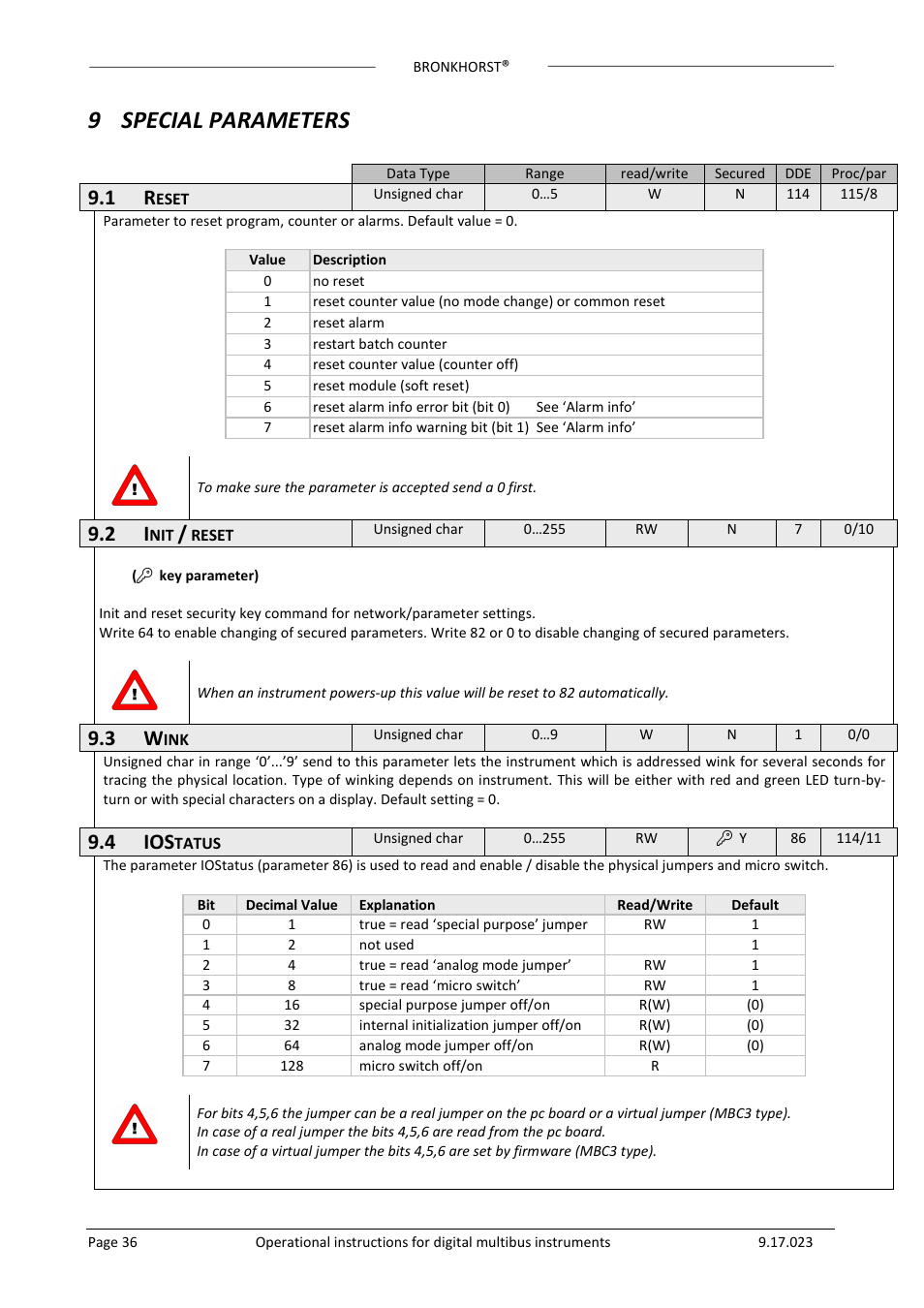 9 special parameters, 4 ios | Bronkhorst Multibus User Manual | Page 36 / 50