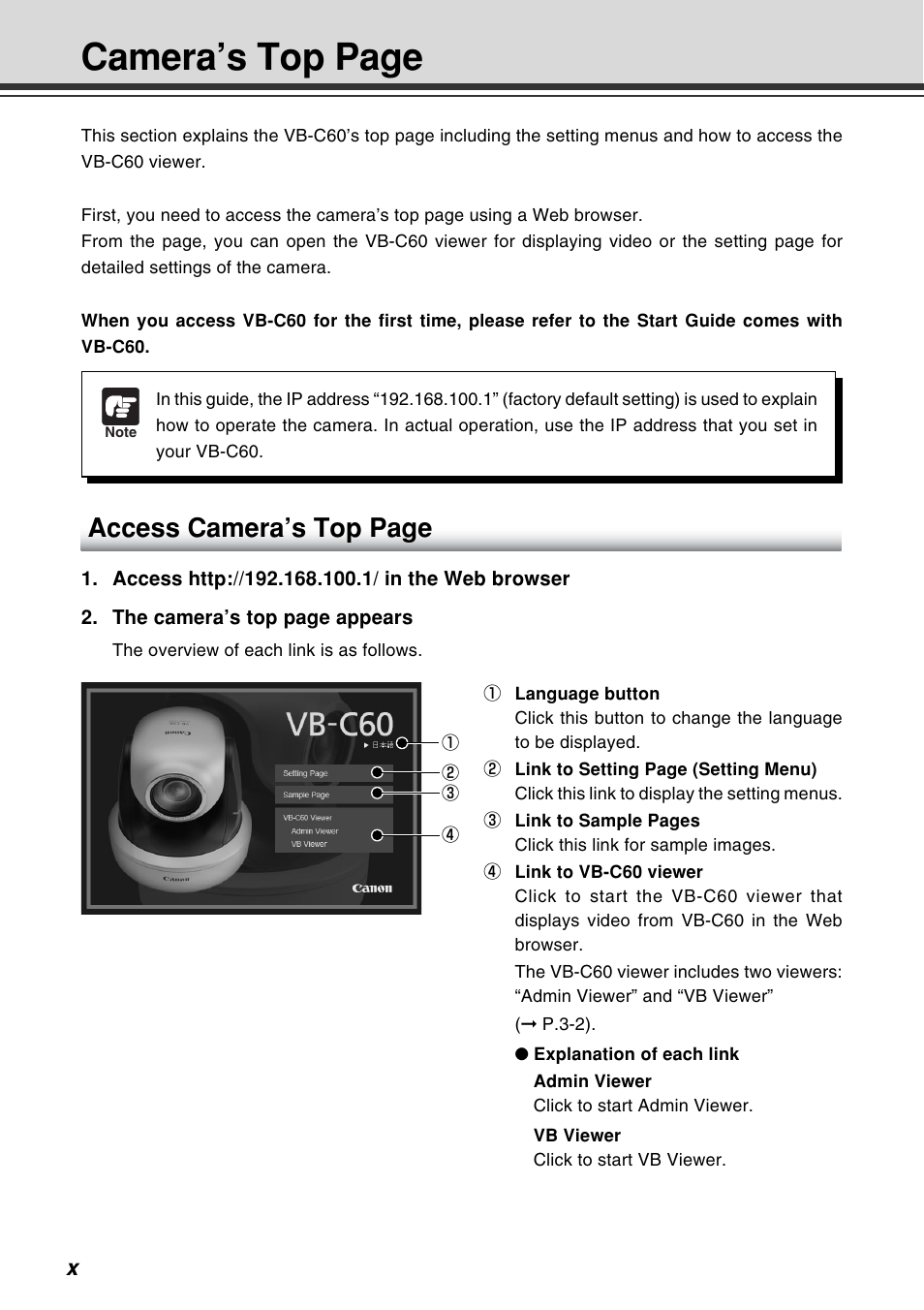 Camera’s top page, Access camera’s top page | Canon VB-C60B User Manual | Page 10 / 162
