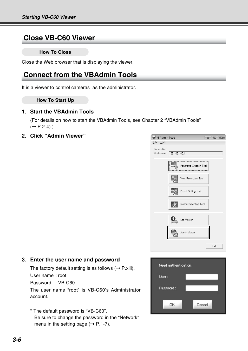 Close vb-c60 viewer, Connect from the vbadmin tools | Canon VB-C60B User Manual | Page 104 / 162