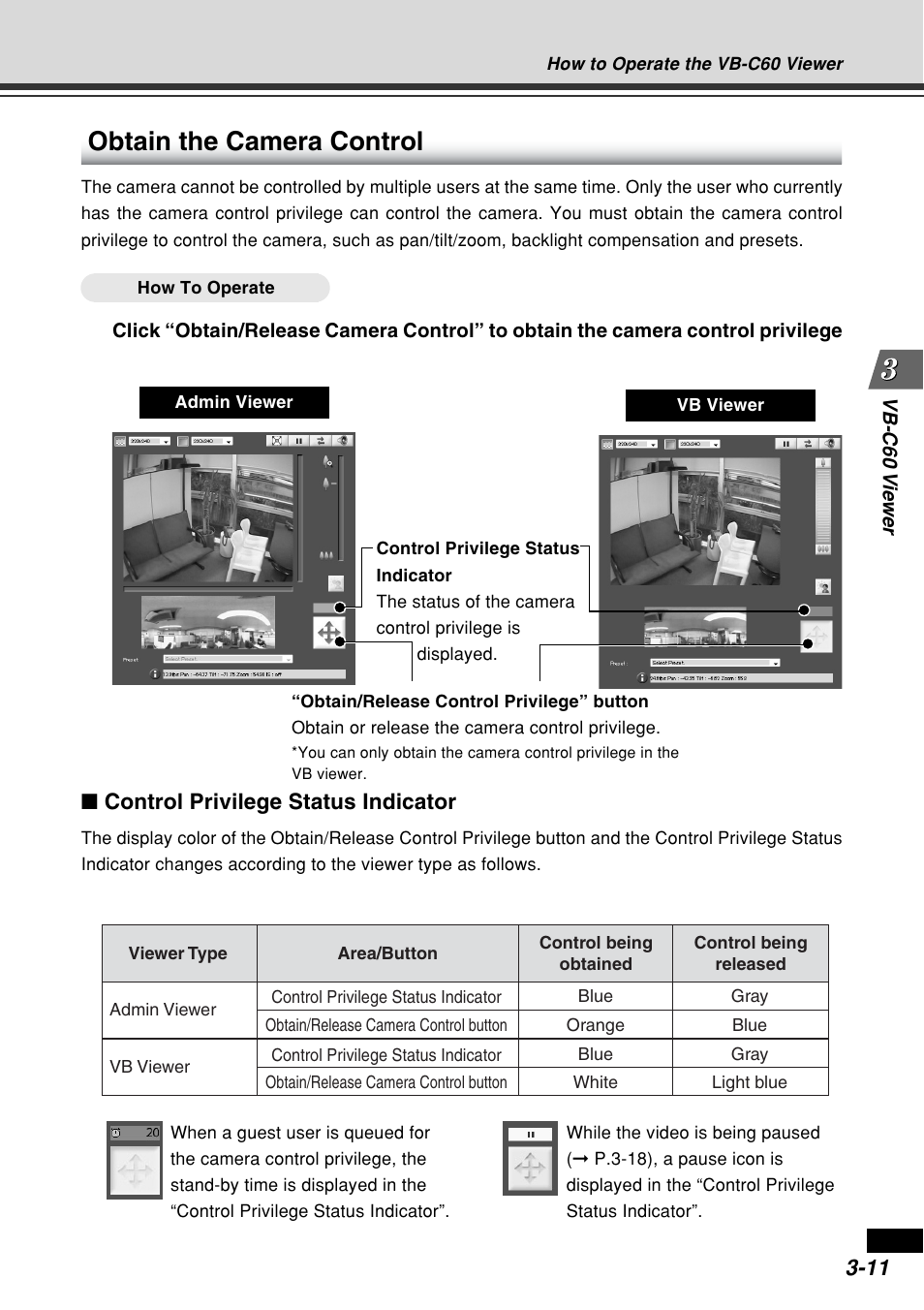 Obtain the camera control, Control privilege status indicator | Canon VB-C60B User Manual | Page 109 / 162