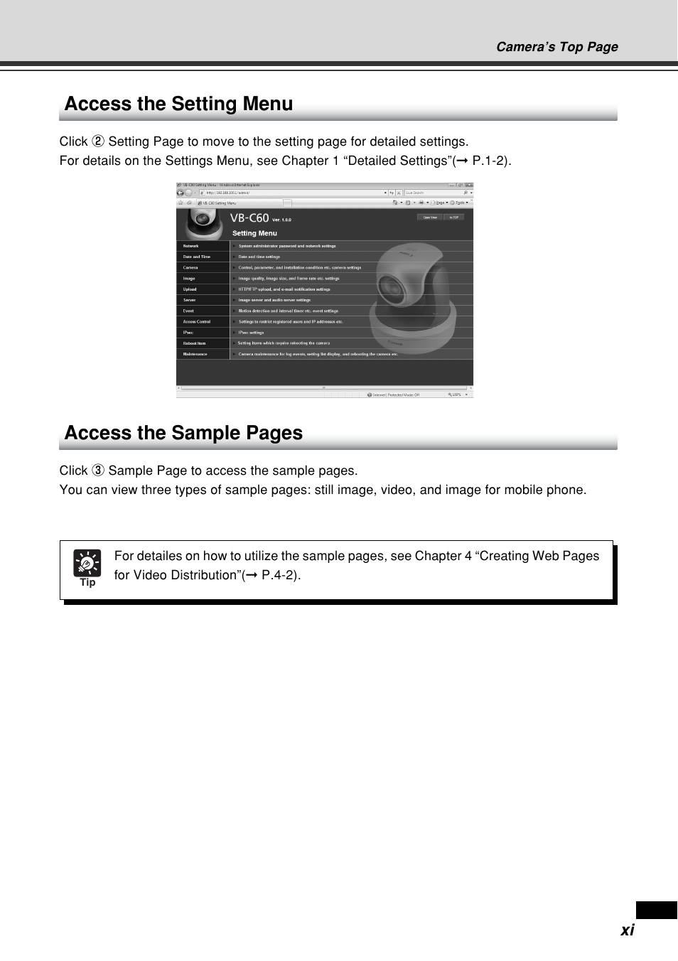 Access the setting menu, Access the sample pages | Canon VB-C60B User Manual | Page 11 / 162
