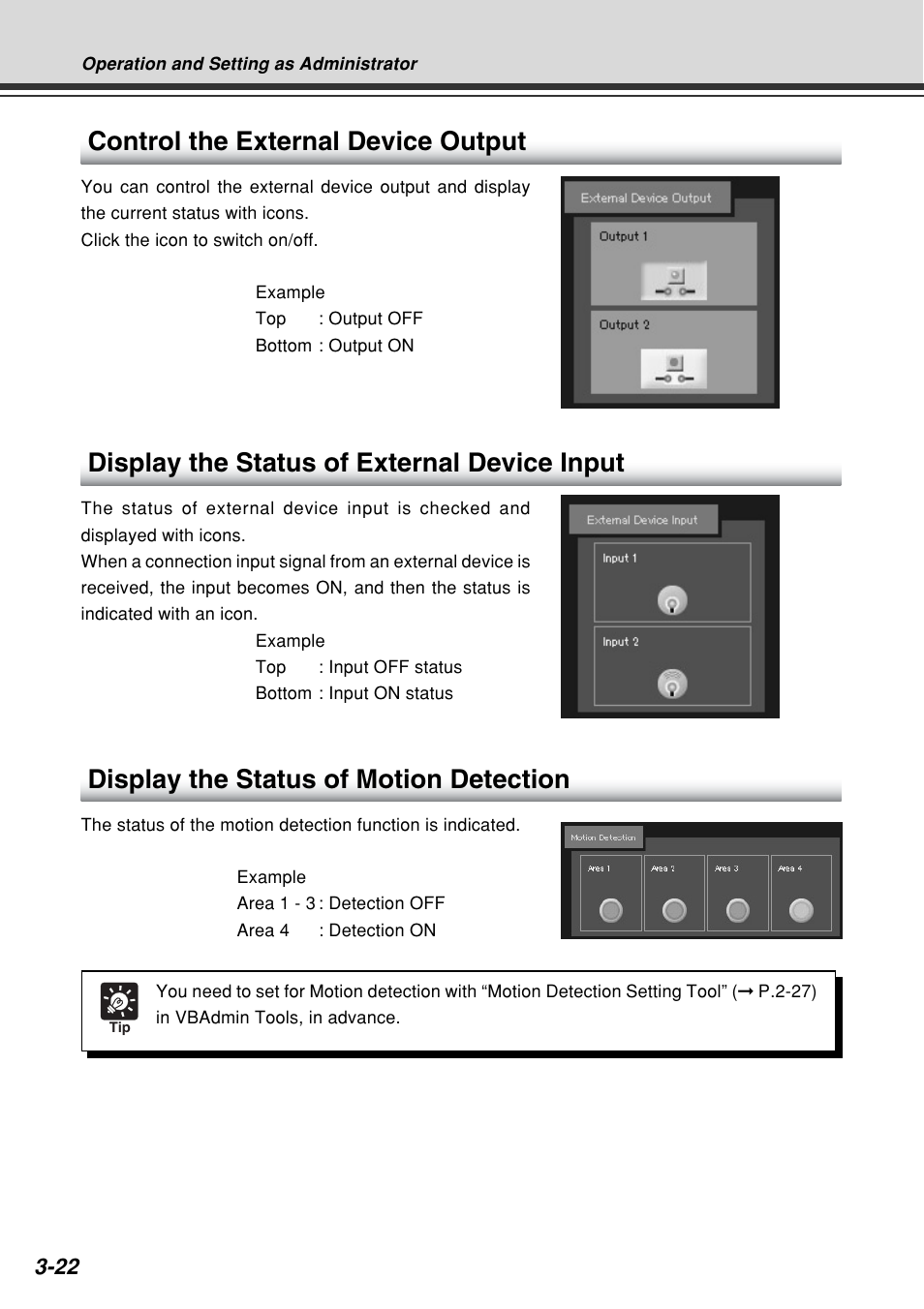 Control the external device output, Display the status of external device input, Display the status of motion detection | Canon VB-C60B User Manual | Page 120 / 162