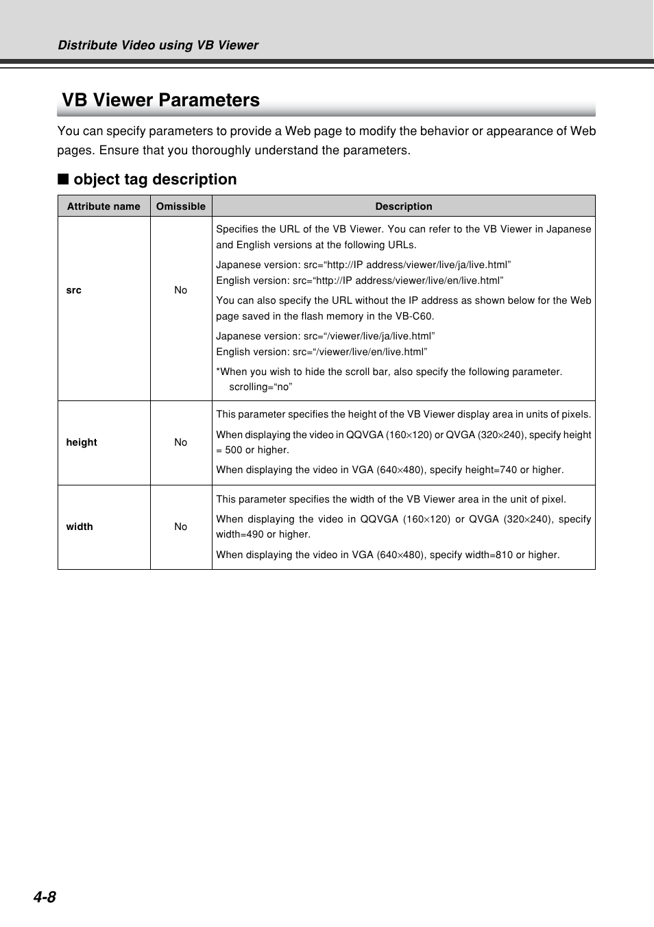 Vb viewer parameters, Object tag description | Canon VB-C60B User Manual | Page 134 / 162