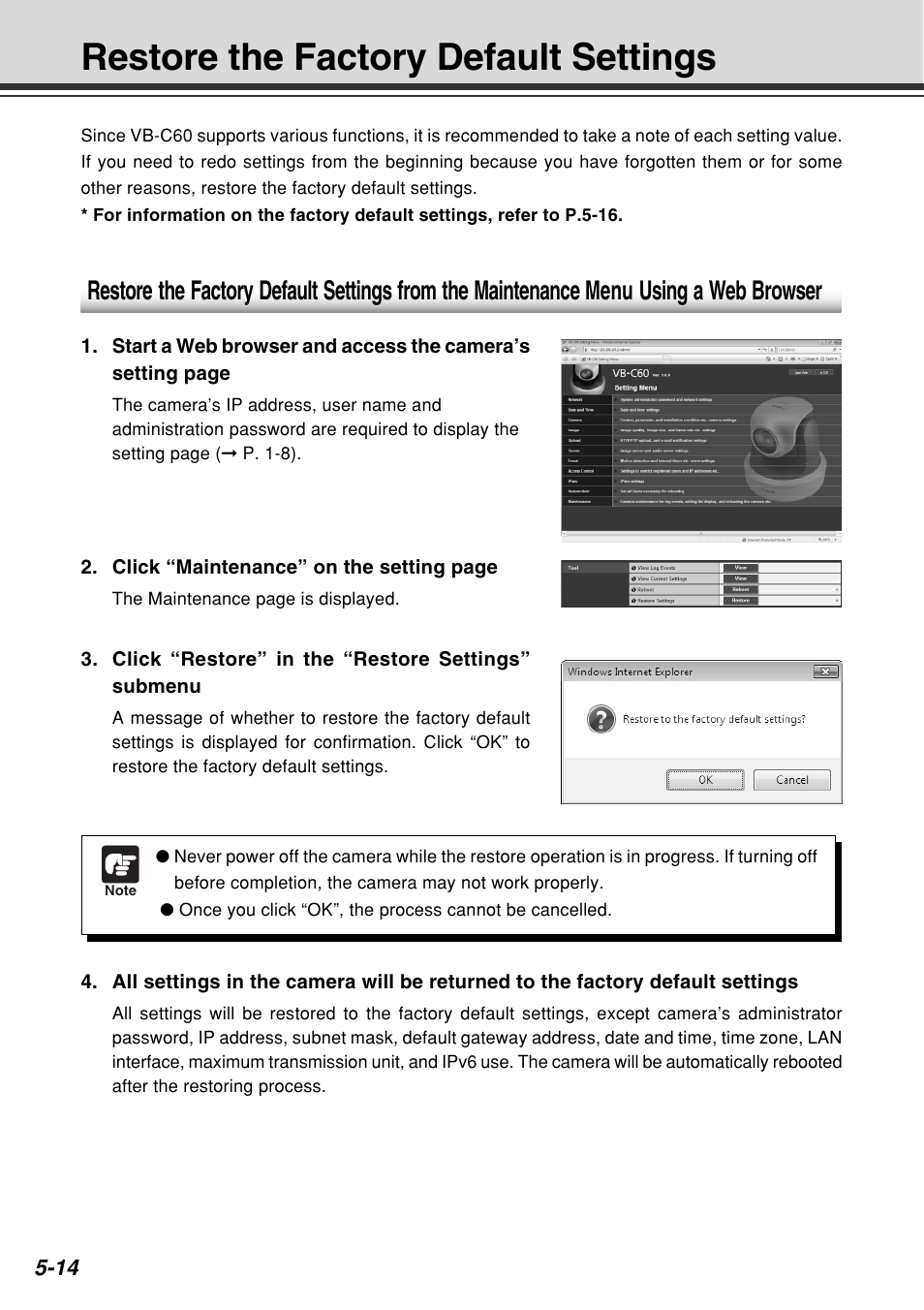 Restore the factory default settings | Canon VB-C60B User Manual | Page 154 / 162