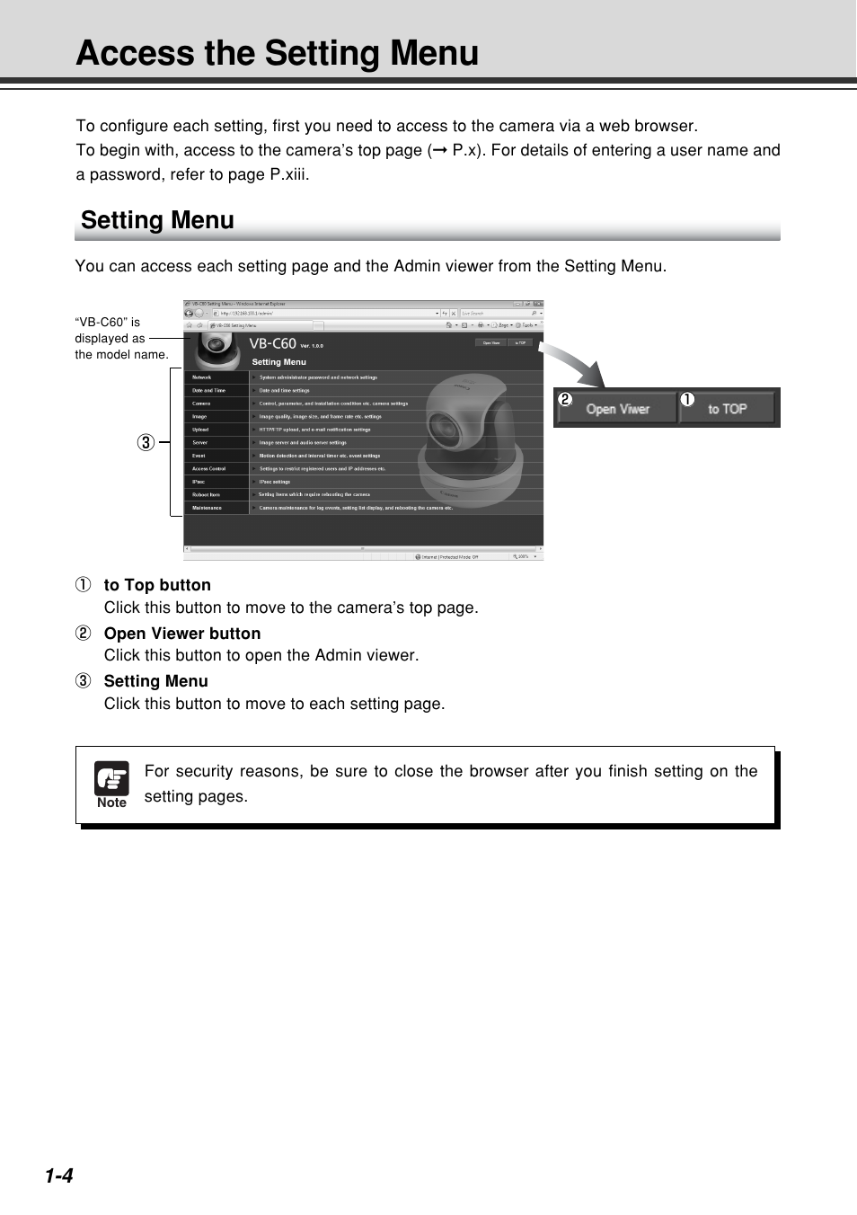 Access the setting menu, Setting menu | Canon VB-C60B User Manual | Page 18 / 162