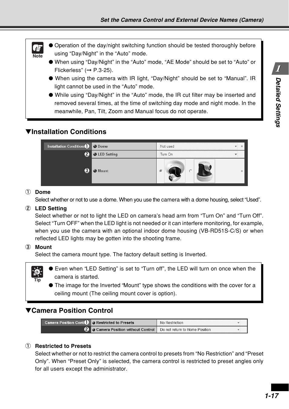 Camera position control, Installation conditions, Detailed settings | Canon VB-C60B User Manual | Page 31 / 162
