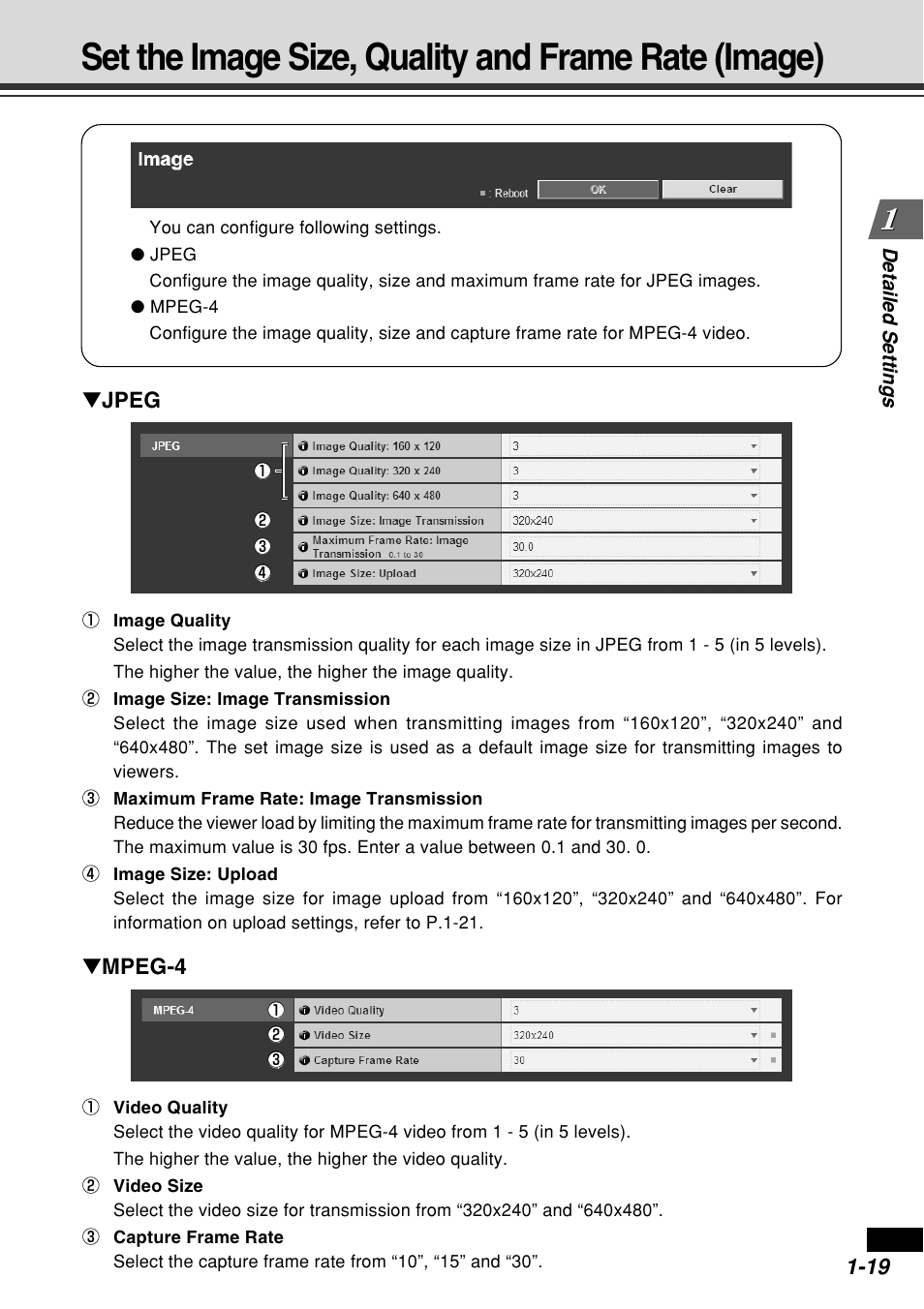 Set the image size, quality and frame rate (image), Jpeg, Mpeg-4 | Detailed settings | Canon VB-C60B User Manual | Page 33 / 162