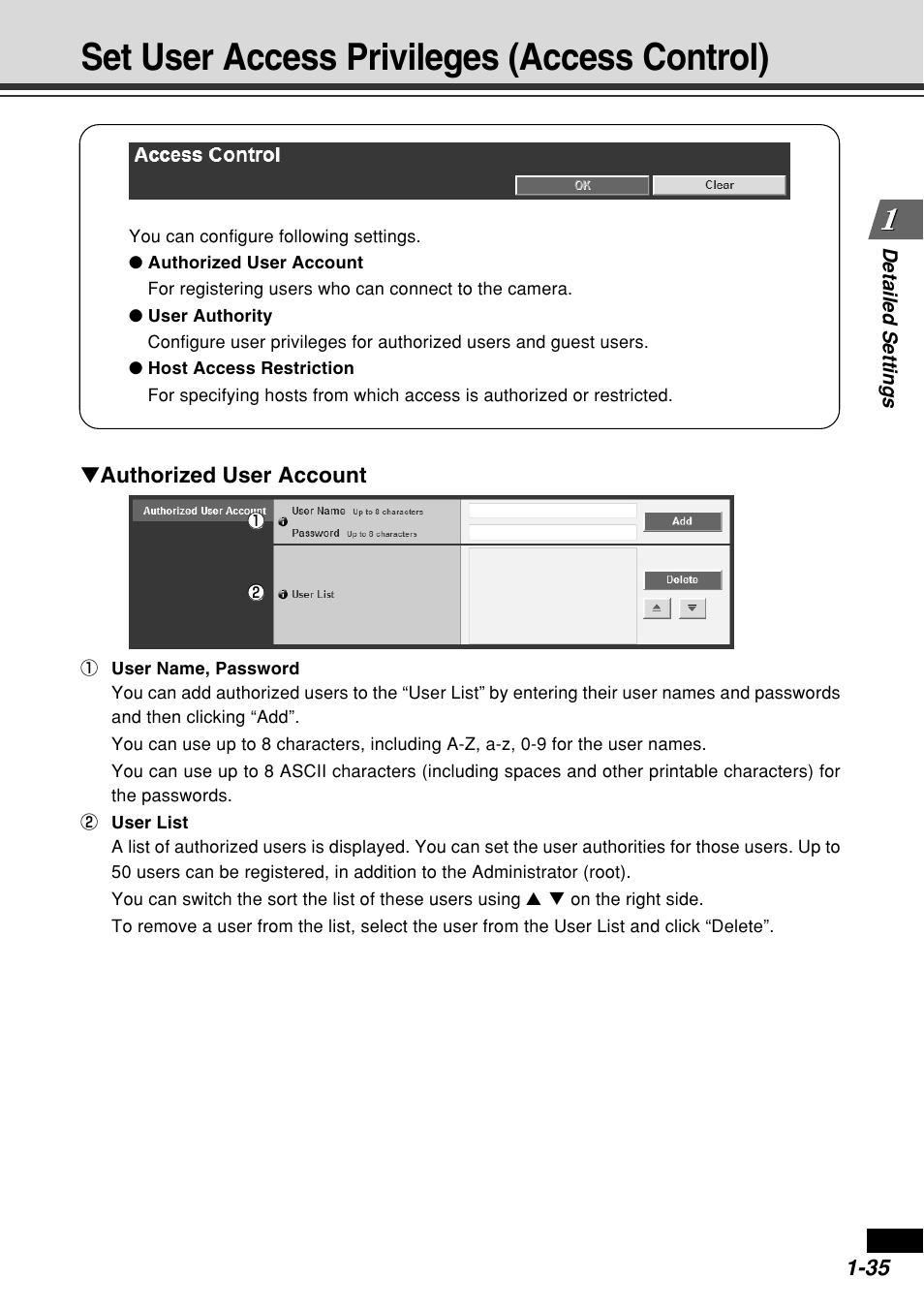 Set user access privileges (access control), Authorized user account | Canon VB-C60B User Manual | Page 49 / 162