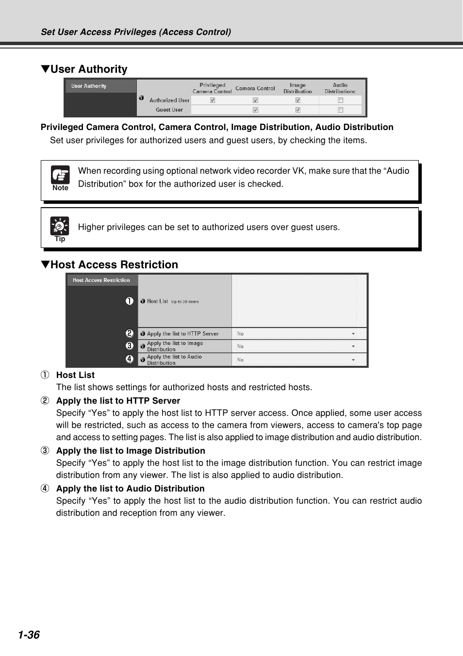 Host access restriction, User authority | Canon VB-C60B User Manual | Page 50 / 162