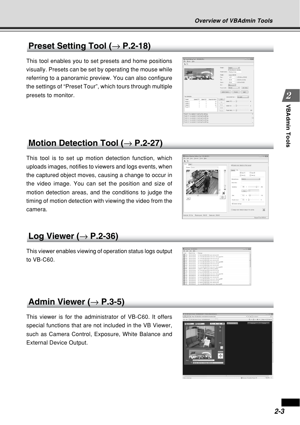 Preset setting tool ( → p.2-18), Motion detection tool ( → p.2-27), Log viewer ( → p.2-36) | Admin viewer ( → p.3-5) | Canon VB-C60B User Manual | Page 61 / 162