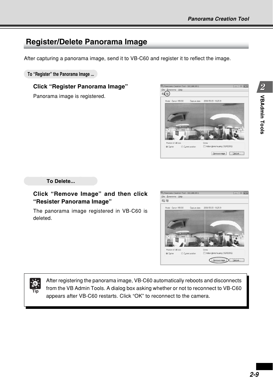 Register/delete panorama image | Canon VB-C60B User Manual | Page 67 / 162