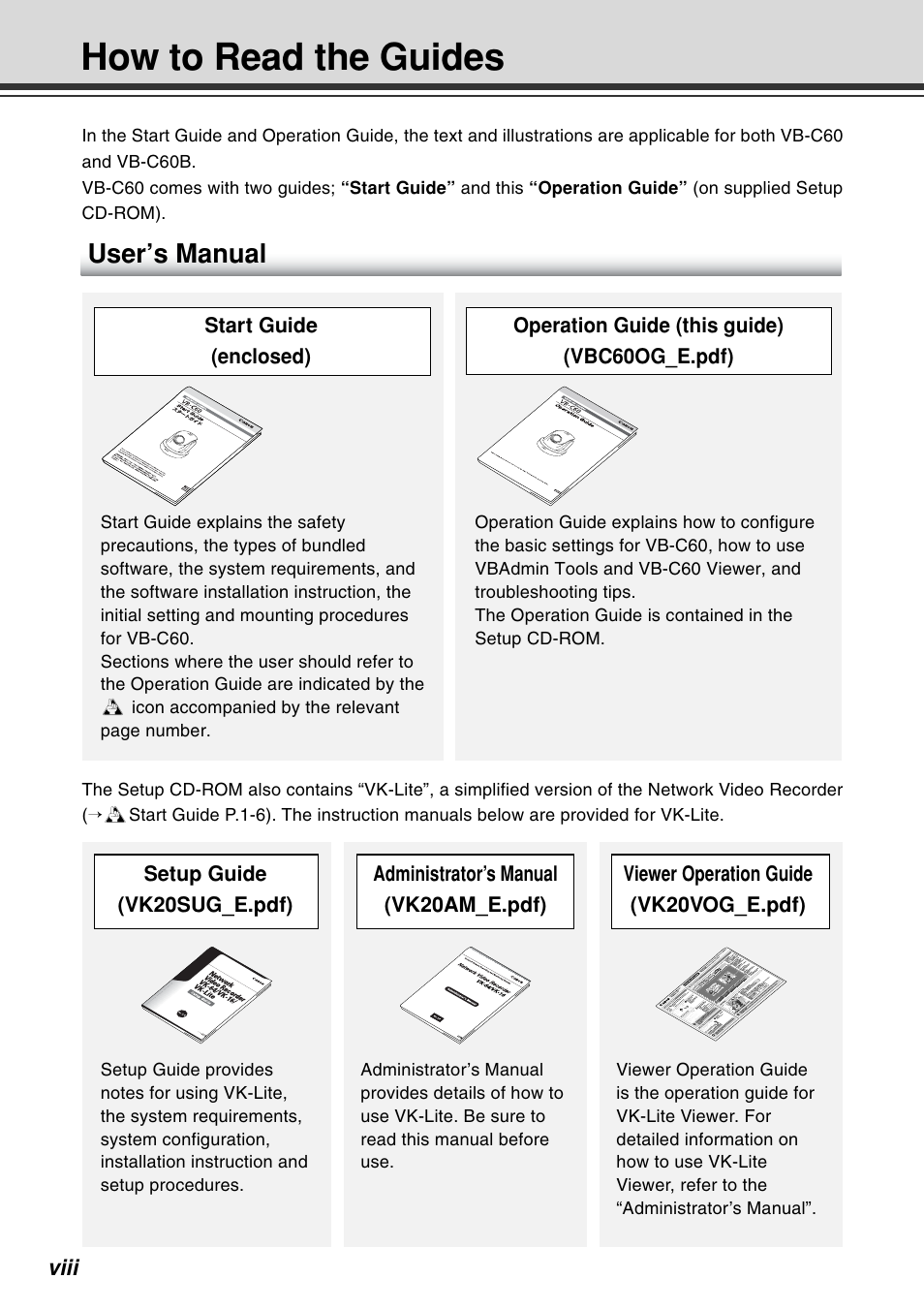 How to read the guides, User’s manual | Canon VB-C60B User Manual | Page 8 / 162