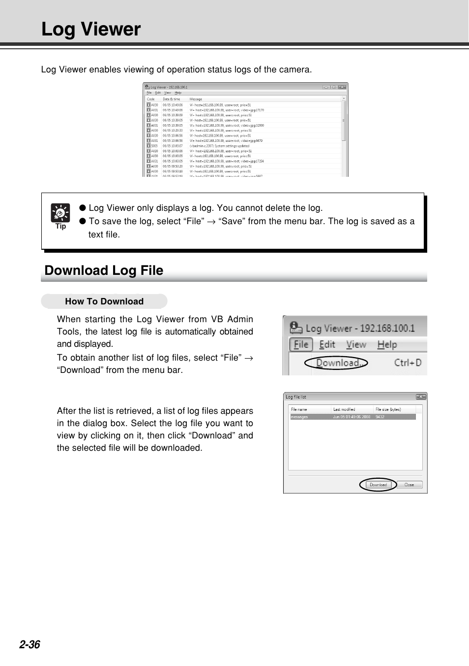 Log viewer, Download log file | Canon VB-C60B User Manual | Page 94 / 162