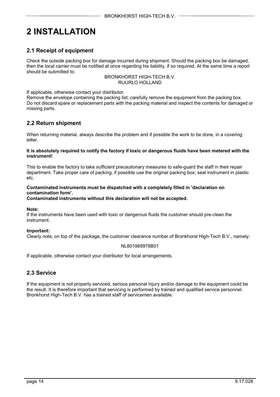 2 installation, 1 receipt of equipment, 2 return shipment | 3 service | Bronkhorst EX-FLOW Mass Flow User Manual | Page 14 / 33