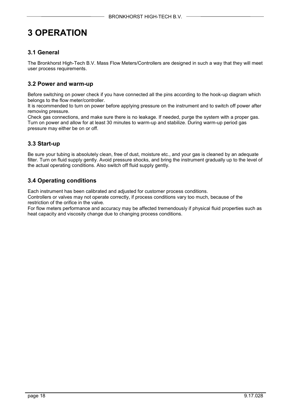 3 operation, 1 general, 2 power and warm-up | 3 start-up, 4 operating conditions | Bronkhorst EX-FLOW Mass Flow User Manual | Page 18 / 33