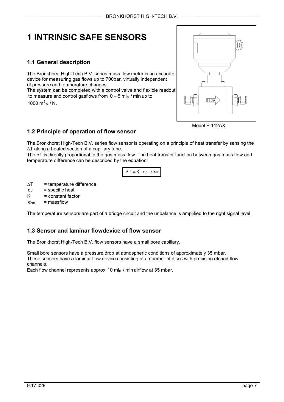 1 intrinsic safe sensors, 1 general description, 2 principle of operation of flow sensor | 3 sensor and laminar flowdevice of flow sensor | Bronkhorst EX-FLOW Mass Flow User Manual | Page 7 / 33