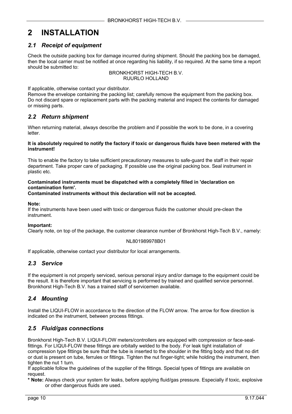 2 installation | Bronkhorst LIQUI-FLOW L30 User Manual | Page 10 / 20