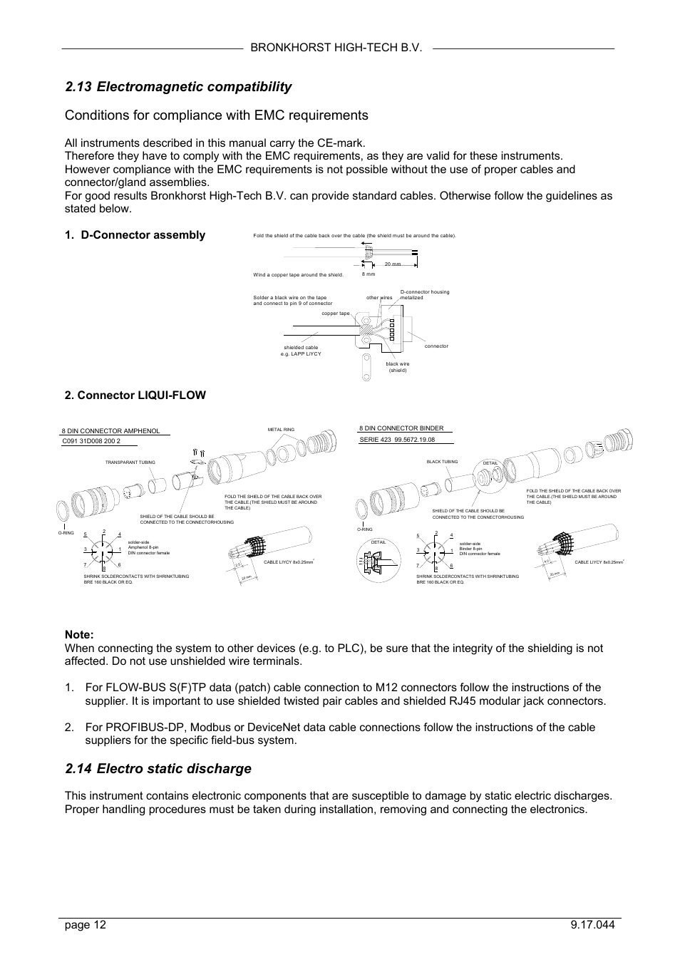 13 electromagnetic compatibility, Conditions for compliance with emc requirements, 14 electro static discharge | Bronkhorst LIQUI-FLOW L30 User Manual | Page 12 / 20