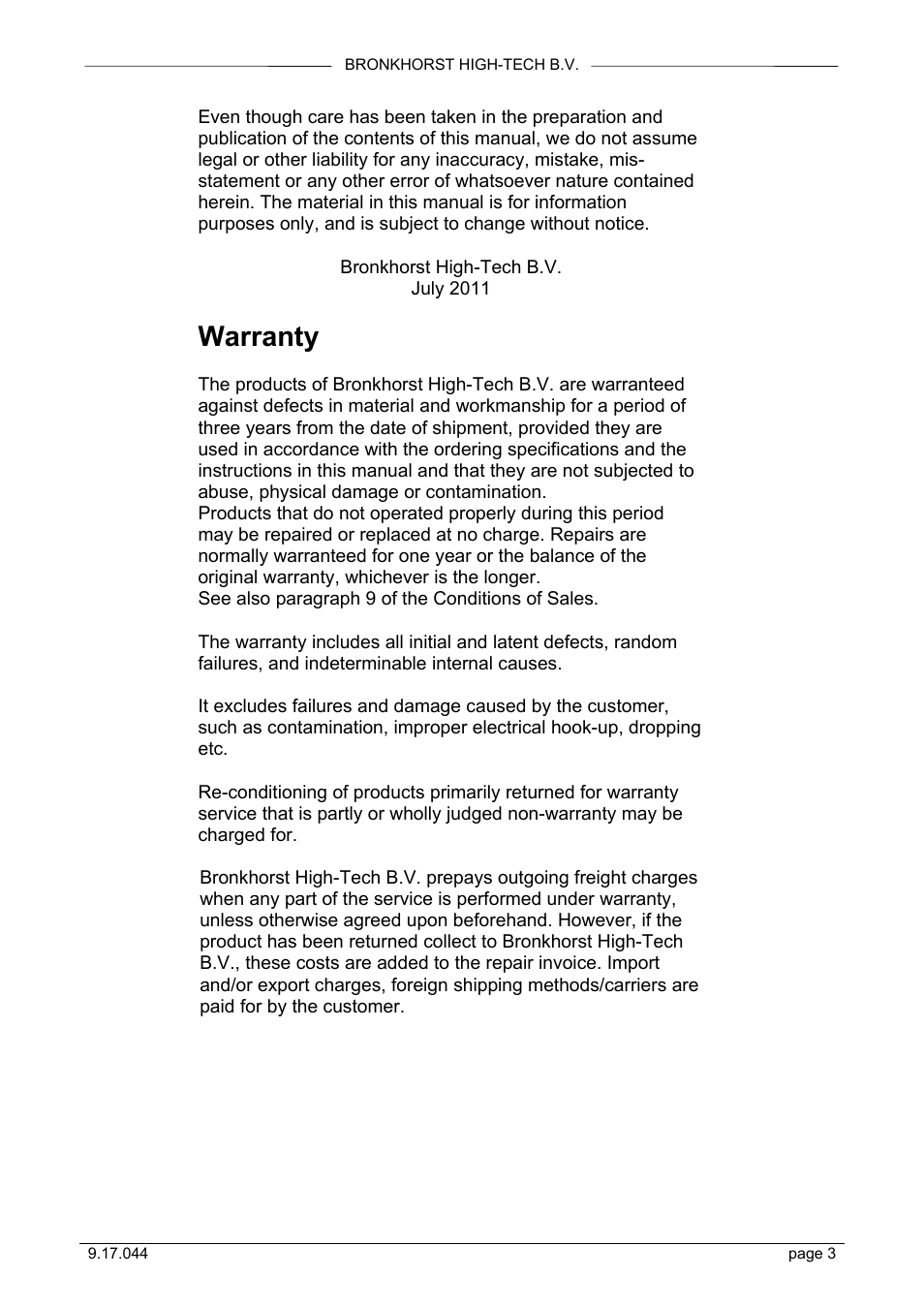 Warranty | Bronkhorst LIQUI-FLOW L30 User Manual | Page 3 / 20