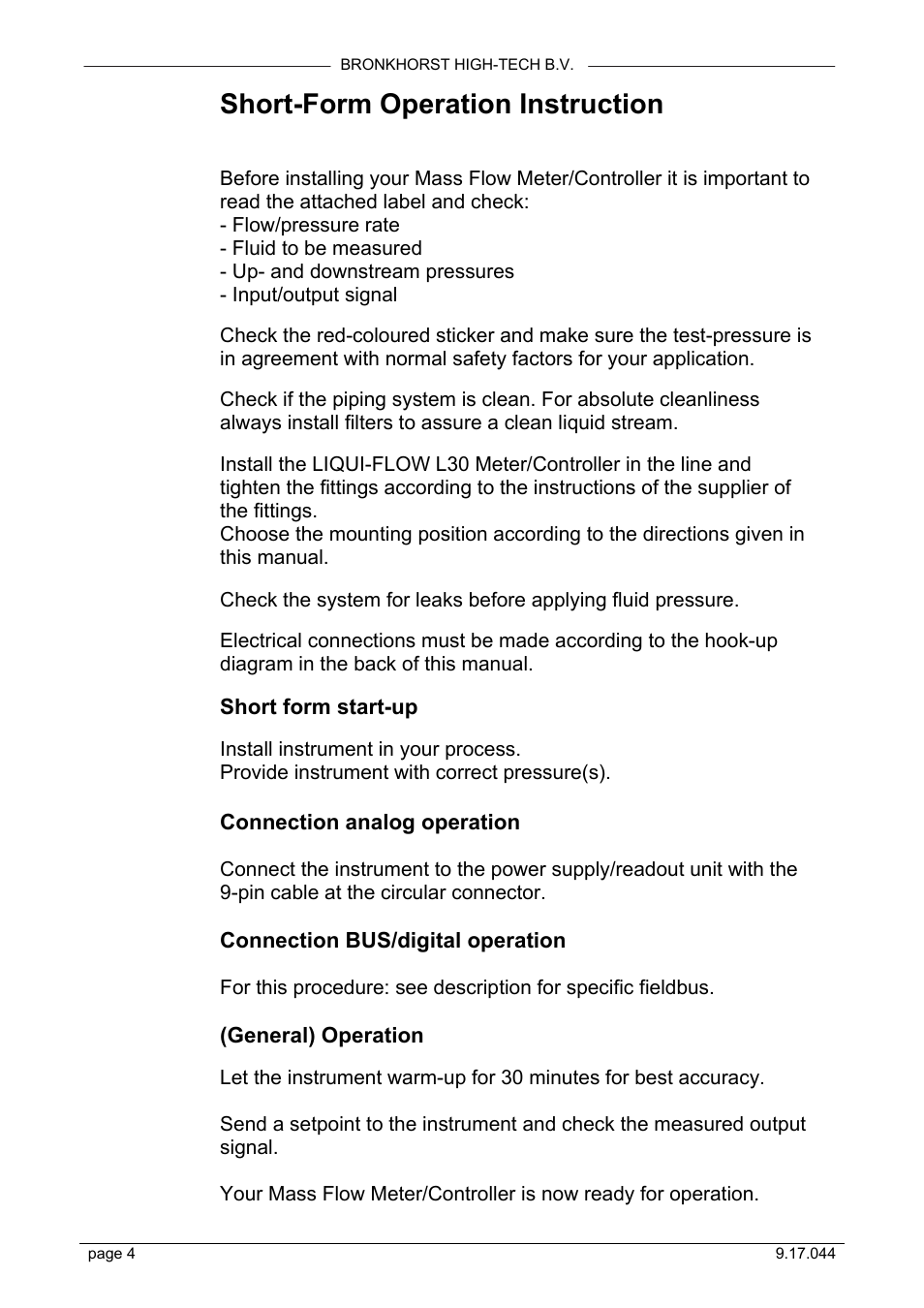 Short-form operation instruction | Bronkhorst LIQUI-FLOW L30 User Manual | Page 4 / 20