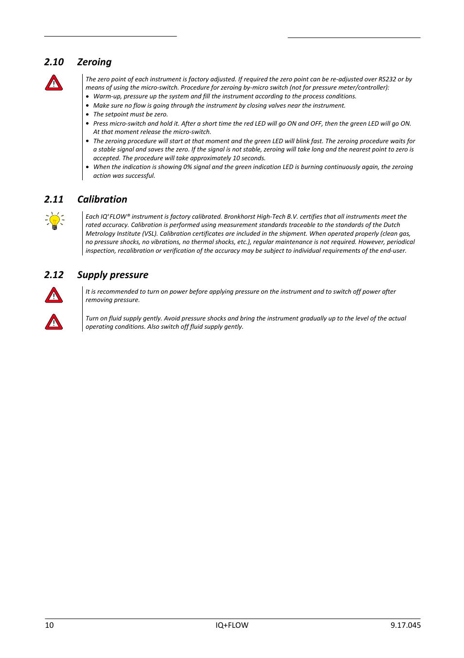 10 zeroing, 11 calibration, 12 supply pressure | Zeroing, Calibration, Supply pressure | Bronkhorst IQ+FLOW (from 01-07-2013) User Manual | Page 10 / 30