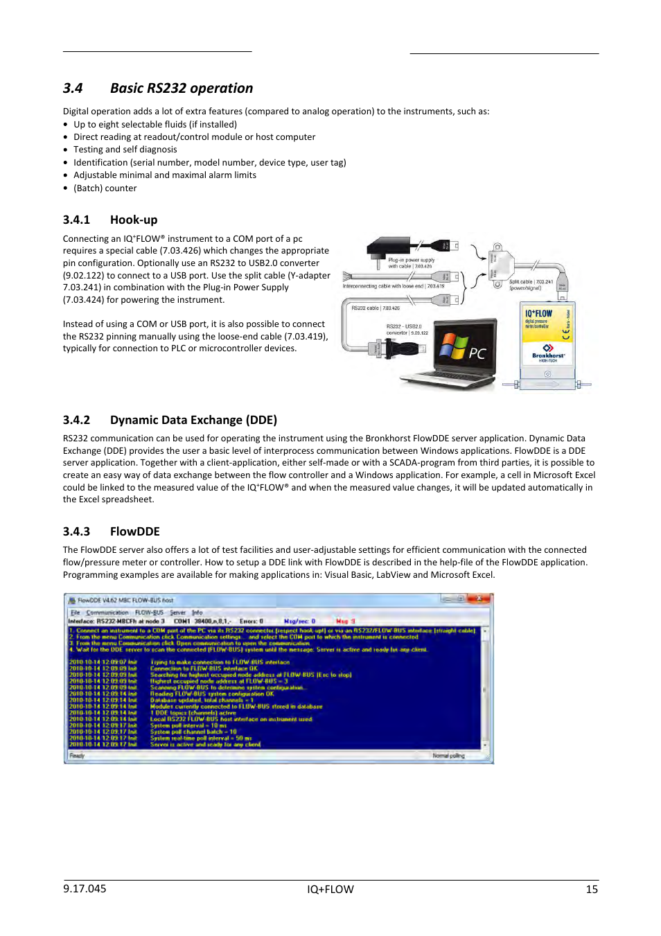 4 basic rs232 operation, 1 hook-up, 2 dynamic data exchange (dde) | 3 flowdde, Basic rs232 operation, Hook-up, Dynamic data exchange (dde), Flowdde, Section 3.4 | Bronkhorst IQ+FLOW (from 01-07-2013) User Manual | Page 15 / 30