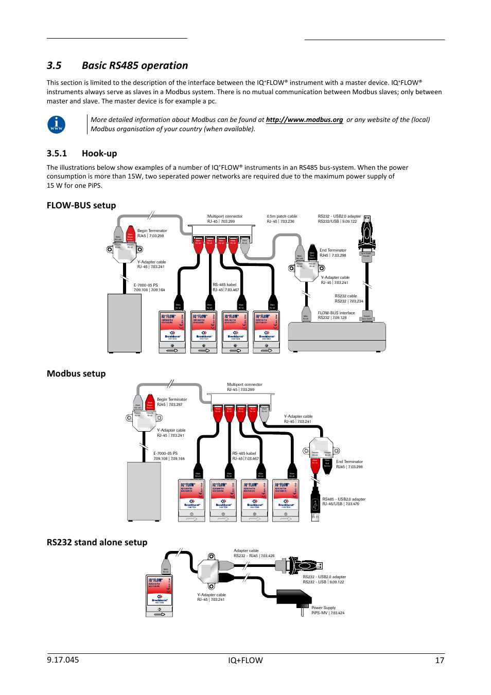 5 basic rs485 operation, 1 hook-up, Basic rs485 operation | Hook-up, Section 3.5, Flow-bus setup, Modbus setup, Rs232 stand alone setup, Flow® instrument with a master device. iq, Fem al e rj- 45 f em al e rj- 45 | Bronkhorst IQ+FLOW (from 01-07-2013) User Manual | Page 17 / 30