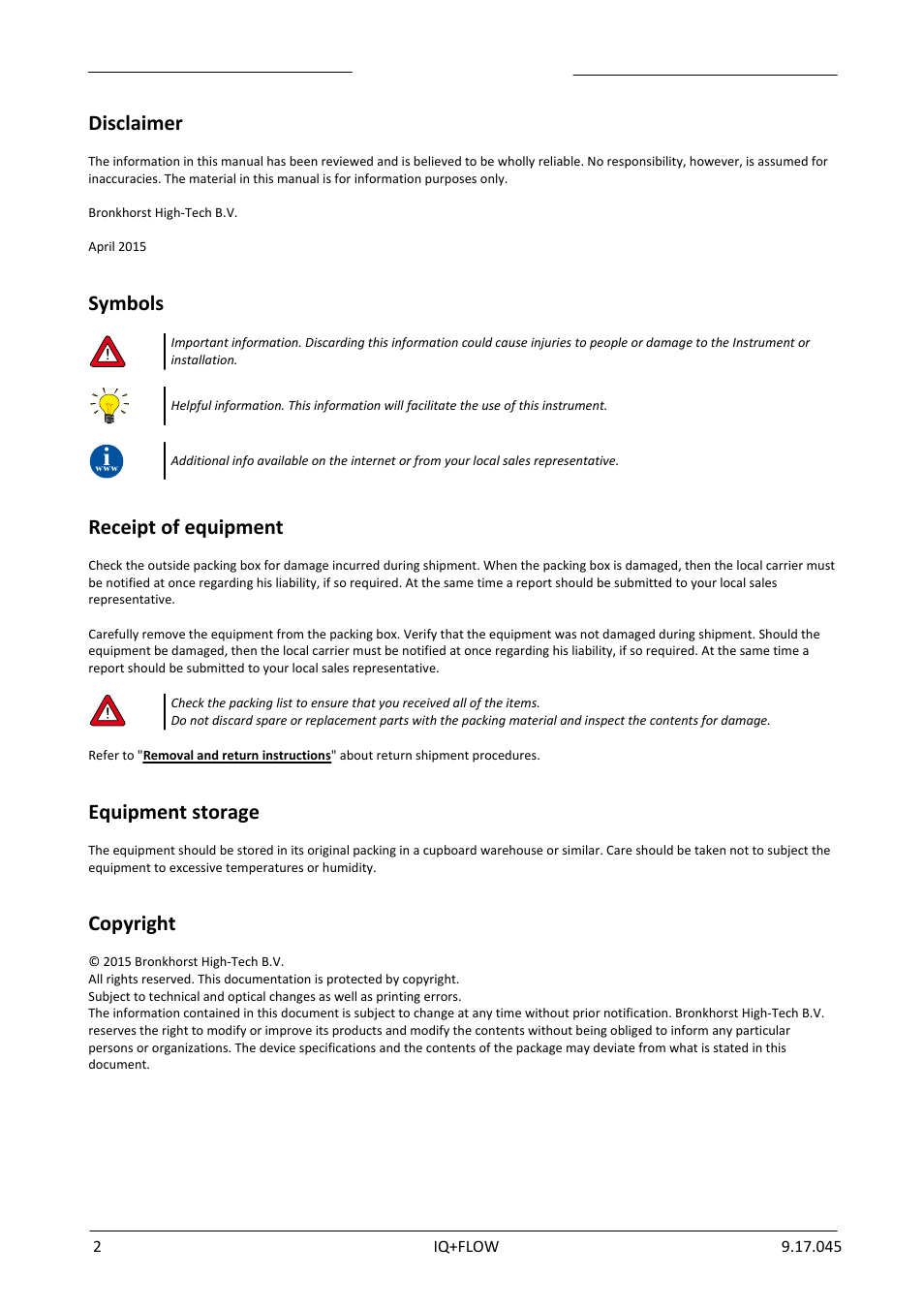 Disclaimer, Symbols, Receipt of equipment | Equipment storage, Copyright | Bronkhorst IQ+FLOW (from 01-07-2013) User Manual | Page 2 / 30