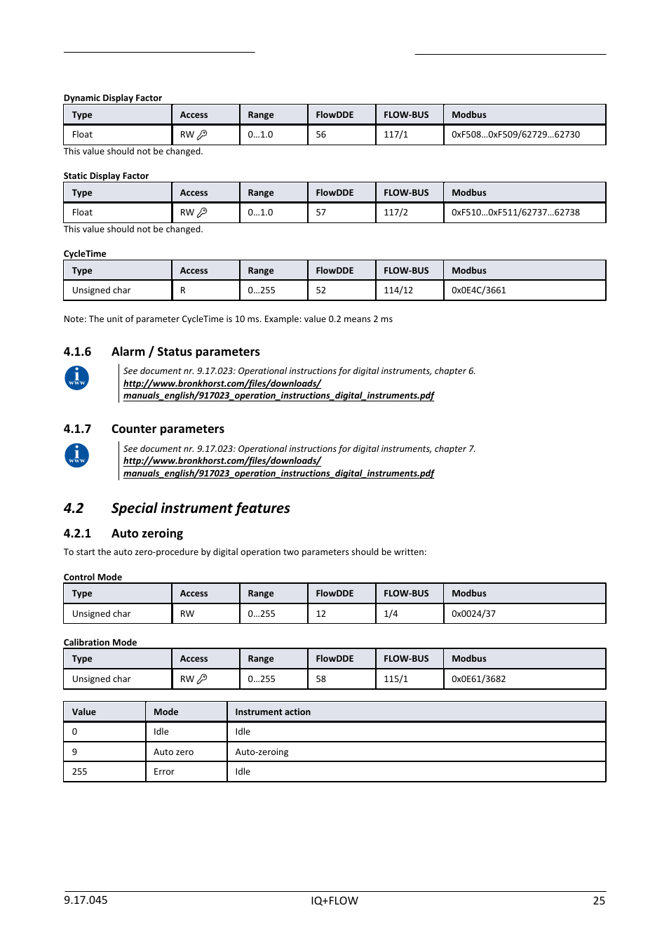 6 alarm / status parameters, 7 counter parameters, 2 special instrument features | 1 auto zeroing, Alarm / status parameters, Counter parameters, Special instrument features, Auto zeroing | Bronkhorst IQ+FLOW (from 01-07-2013) User Manual | Page 25 / 30