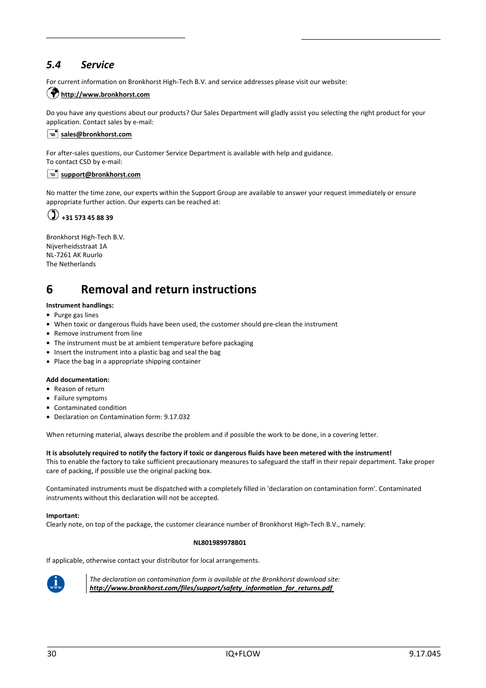 4 service, 6 removal and return instructions, Service | Removal and return instructions, 6removal and return instructions | Bronkhorst IQ+FLOW (from 01-07-2013) User Manual | Page 30 / 30