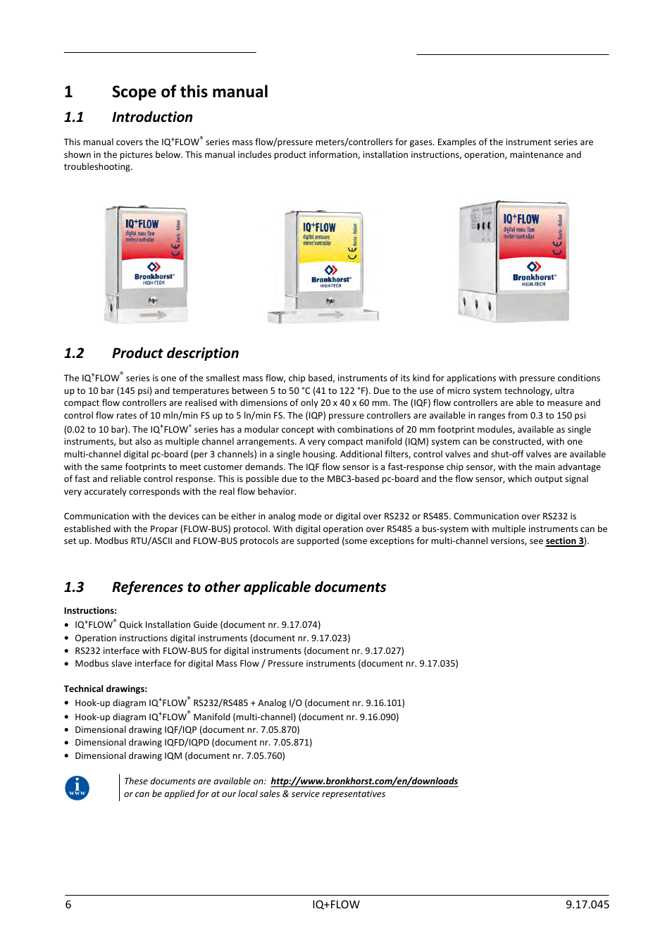 1 scope of this manual, 1 introduction, 2 product description | 3 references to other applicable documents, Scope of this manual, Introduction, Product description, References to other applicable documents, 1scope of this manual | Bronkhorst IQ+FLOW (from 01-07-2013) User Manual | Page 6 / 30