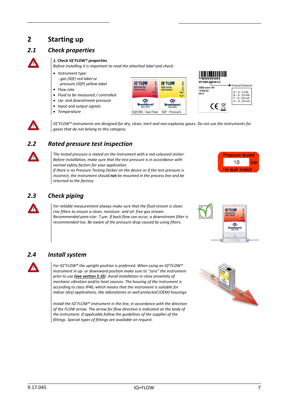 2 starting up, 1 check properties, 2 rated pressure test inspection | 3 check piping, 4 install system, Starting up, Check properties, Rated pressure test inspection, Check piping, Install system | Bronkhorst IQ+FLOW (from 01-07-2013) User Manual | Page 7 / 30