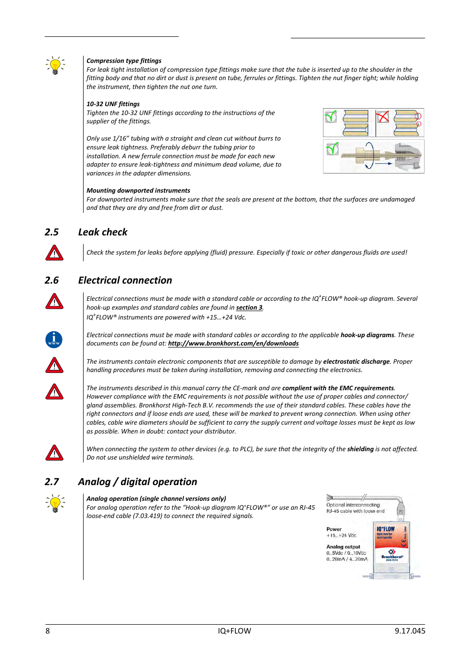 5 leak check, 6 electrical connection, 7 analog / digital operation | Leak check, Electrical connection, Analog / digital operation | Bronkhorst IQ+FLOW (from 01-07-2013) User Manual | Page 8 / 30