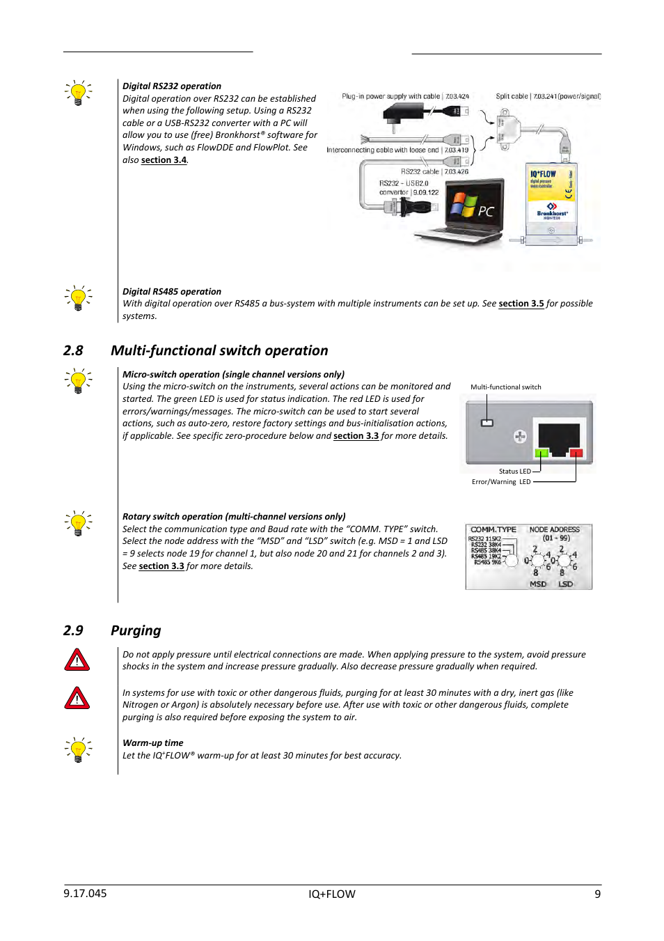 8 multi-functional switch operation, 9 purging, Multi-functional switch operation | Purging | Bronkhorst IQ+FLOW (from 01-07-2013) User Manual | Page 9 / 30