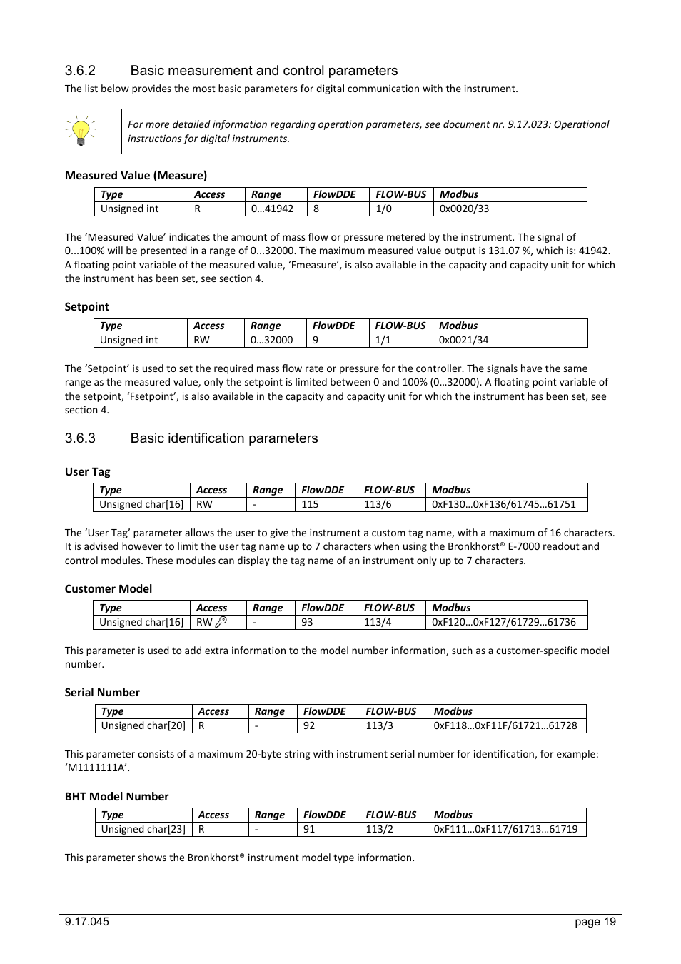 2 basic measurement and control parameters, 3 basic identification parameters, Basic measurement and control parameters | Basic identification parameters | Bronkhorst IQ+FLOW (till 01-07-2013) User Manual | Page 19 / 28