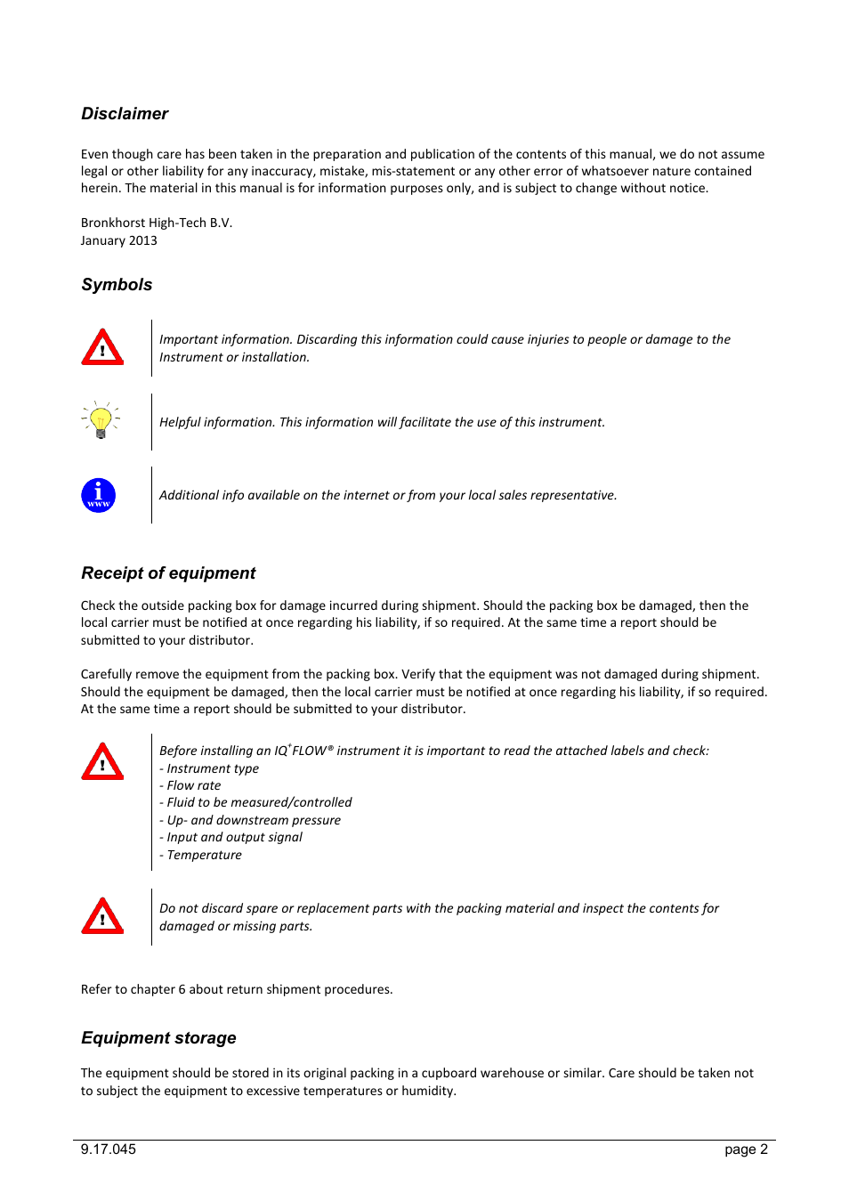 Disclaimer, Symbols, Receipt of equipment | Equipment storage | Bronkhorst IQ+FLOW (till 01-07-2013) User Manual | Page 2 / 28