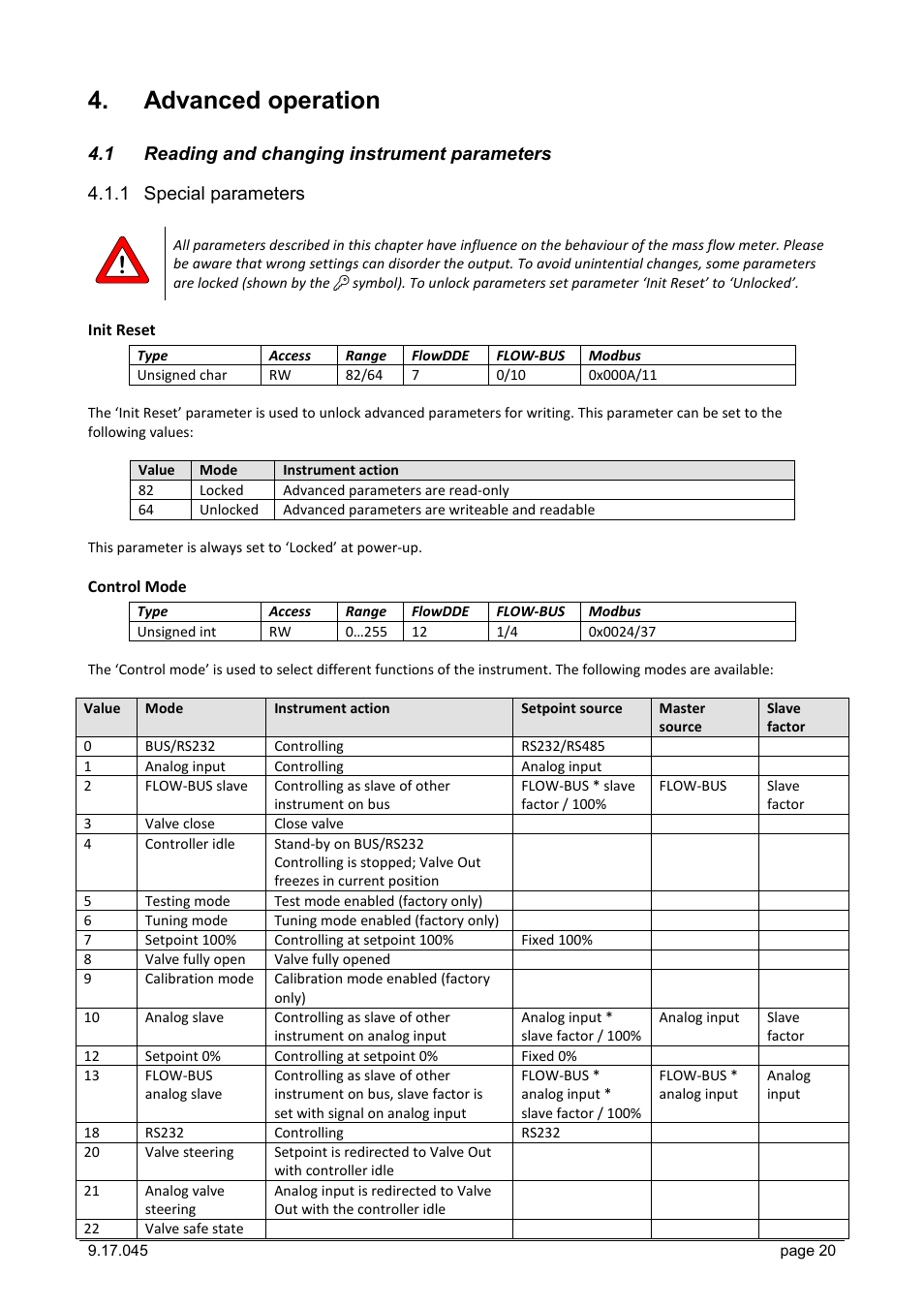 Advanced operation, 1 reading and changing instrument parameters, 1 special parameters | Reading and changing instrument parameters, Special parameters | Bronkhorst IQ+FLOW (till 01-07-2013) User Manual | Page 20 / 28