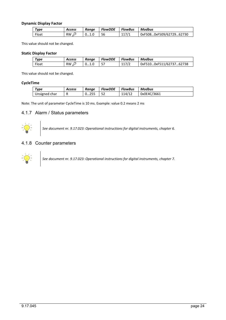 7 alarm / status parameters, 8 counter parameters, Alarm / status parameters | Counter parameters | Bronkhorst IQ+FLOW (till 01-07-2013) User Manual | Page 24 / 28