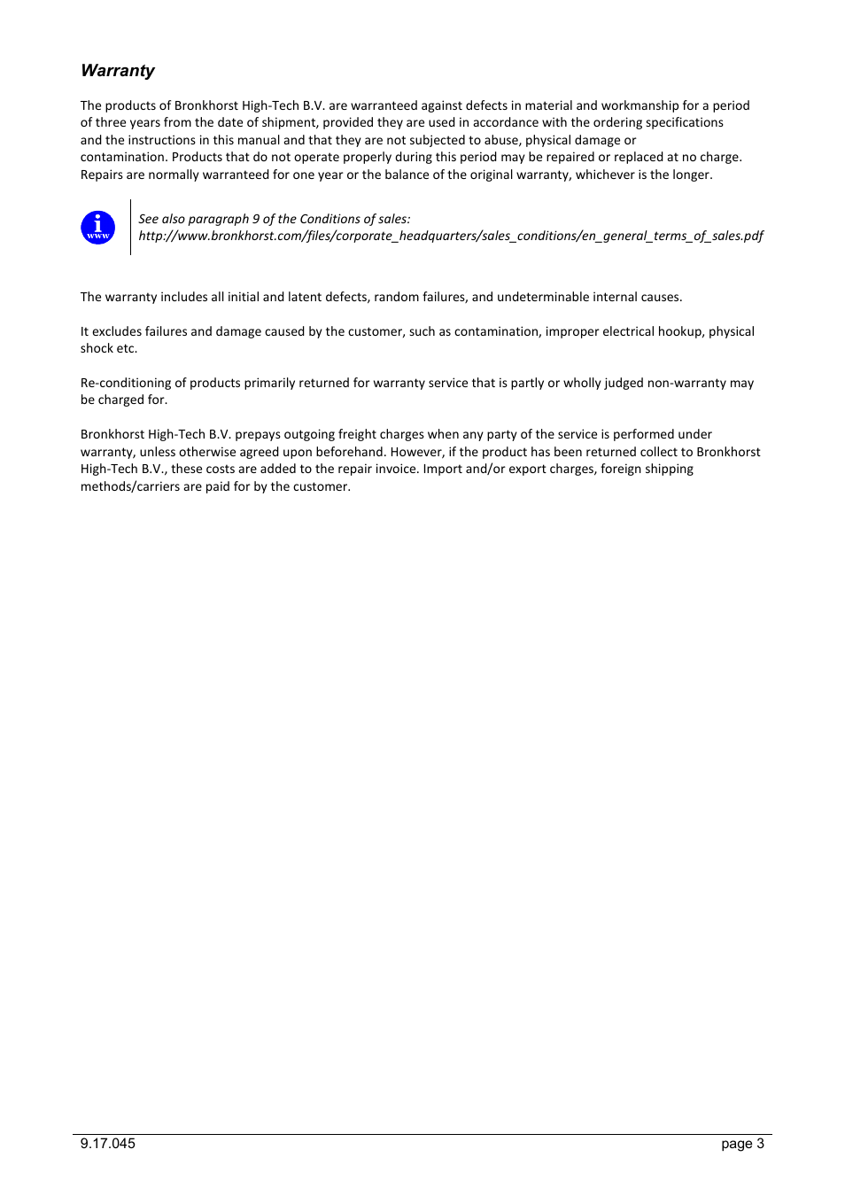 Warranty | Bronkhorst IQ+FLOW (till 01-07-2013) User Manual | Page 3 / 28