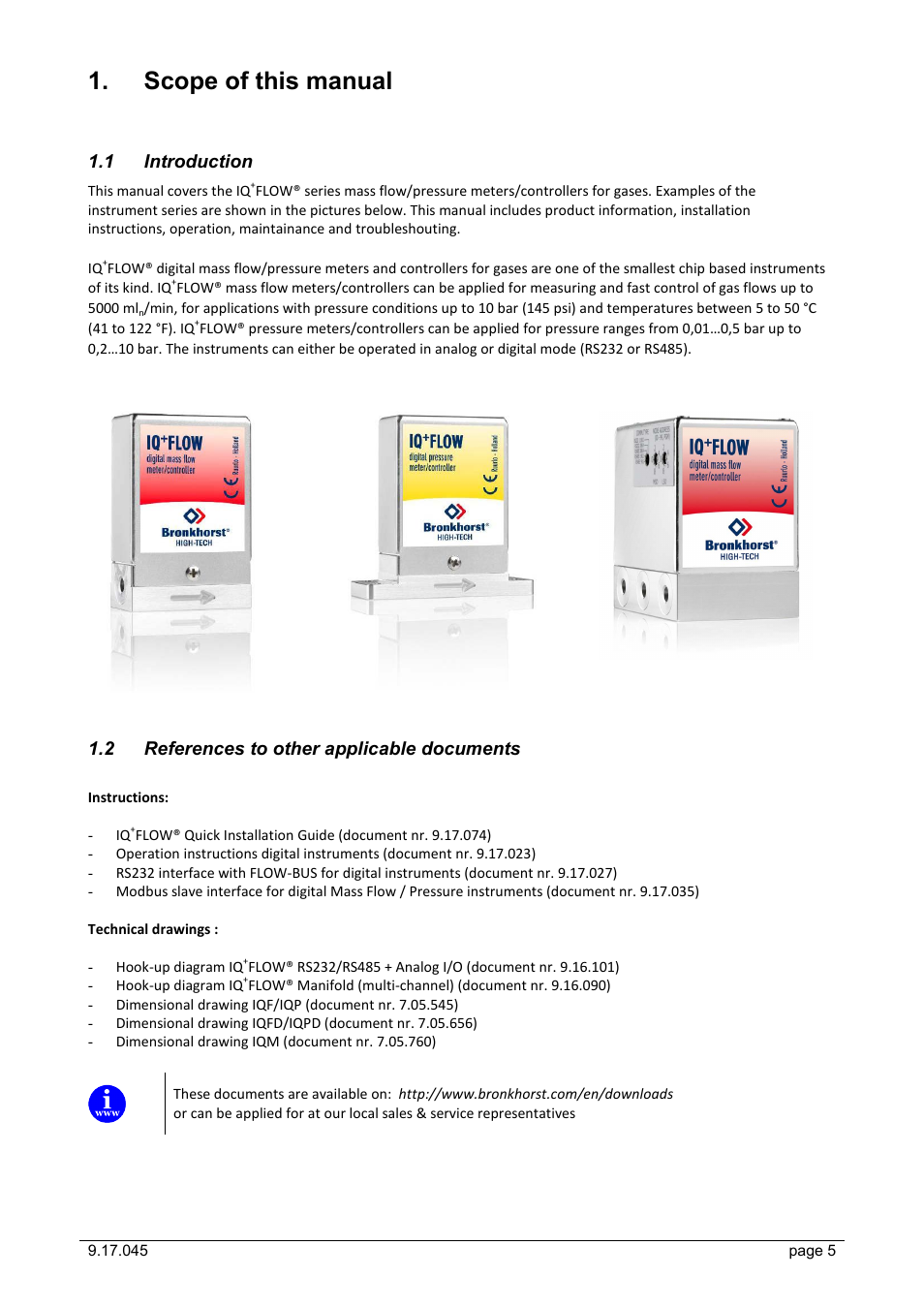 1 introduction, 2 references to other applicable documents, Scope of this manual | Introduction, References to other applicable documents | Bronkhorst IQ+FLOW (till 01-07-2013) User Manual | Page 5 / 28