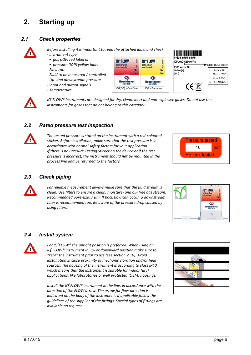 Starting up, 1 check properties, 2 rated pressure test inspection | 3 check piping, 4 install system, Check properties, Rated pressure test inspection, Check piping, Install system | Bronkhorst IQ+FLOW (till 01-07-2013) User Manual | Page 6 / 28