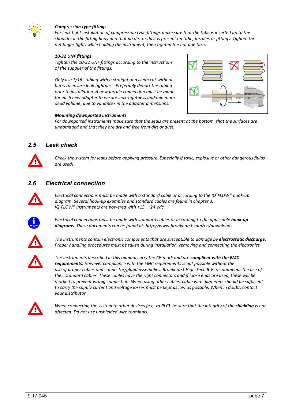 5 leak check, 6 electrical connection, Leak check | Electrical connection | Bronkhorst IQ+FLOW (till 01-07-2013) User Manual | Page 7 / 28