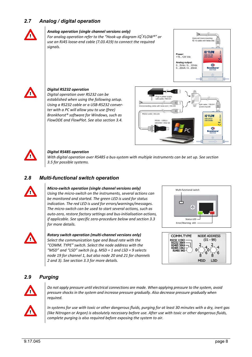 7 analog / digital operation, 8 multi-functional switch operation, 9 purging | Analog / digital operation, Multi-functional switch operation, Purging | Bronkhorst IQ+FLOW (till 01-07-2013) User Manual | Page 8 / 28