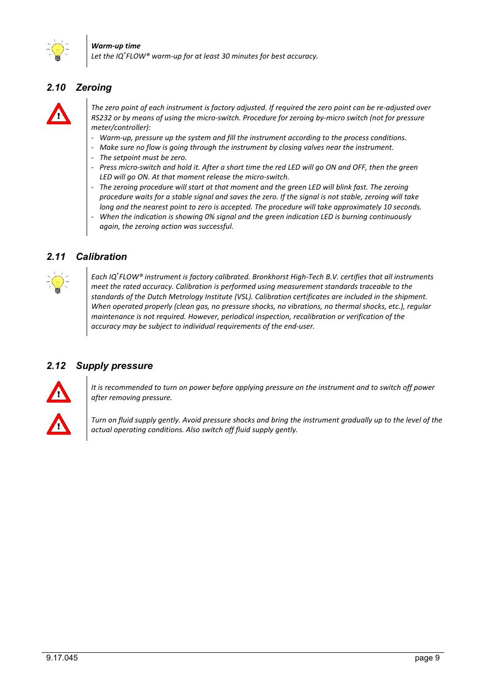 10 zeroing, 11 calibration, 12 supply pressure | Zeroing, Calibration, Supply pressure | Bronkhorst IQ+FLOW (till 01-07-2013) User Manual | Page 9 / 28