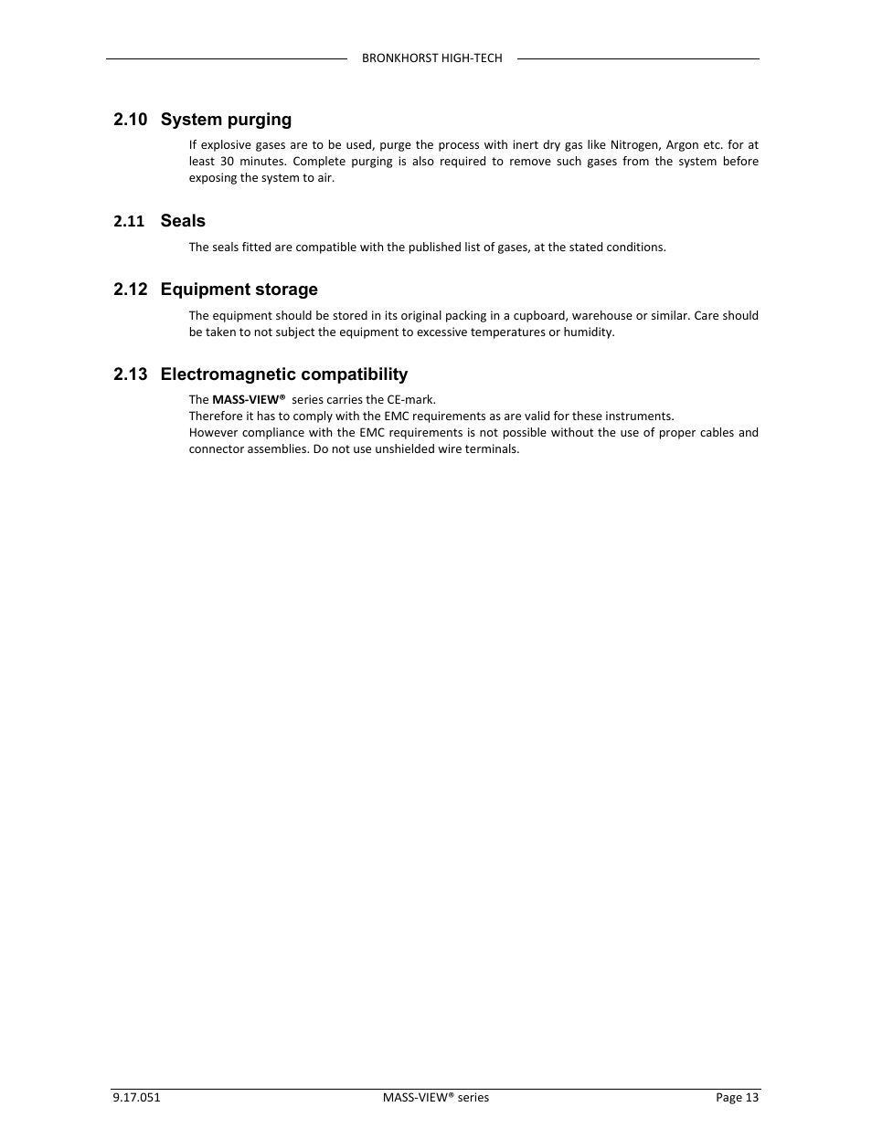 10 system purging, 11 seals, 12 equipment storage | 13 electromagnetic compatibility | Bronkhorst MASS-VIEW Series User Manual | Page 13 / 20