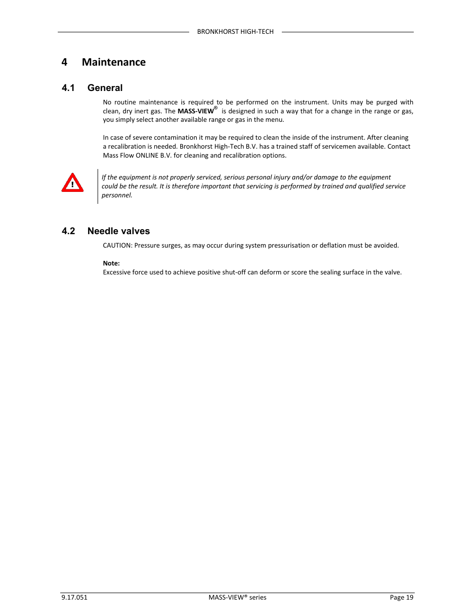 4 maintenance, 1 general, 2 needle valves | Bronkhorst MASS-VIEW Series User Manual | Page 19 / 20