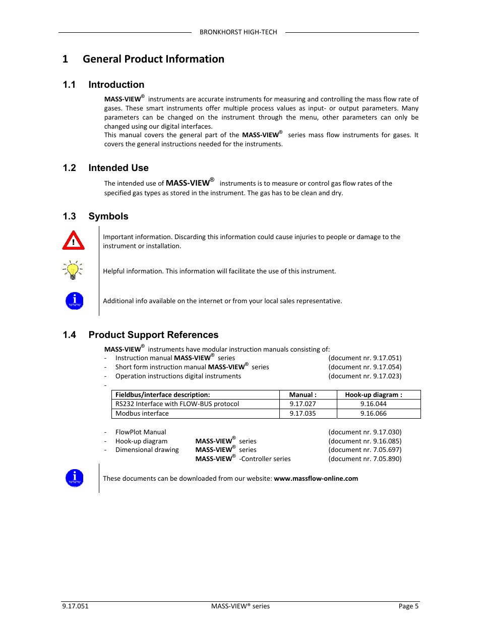 1 general product information, 1 introduction, 2 intended use | 3 symbols, 4 product support references | Bronkhorst MASS-VIEW Series User Manual | Page 5 / 20
